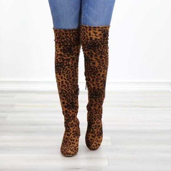Suede Leopard Thigh High Heeled Boots - Picture 15 of 15